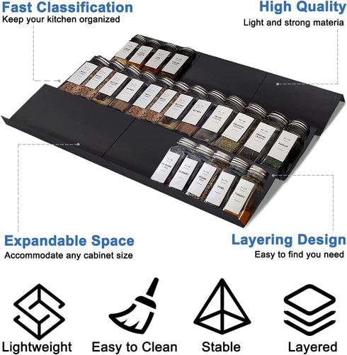 Expandable Spice Drawer Rack Organizer Insert – Multi Tier Adjustable Spice Storage Shelf for Seasoning and Jars, Pack