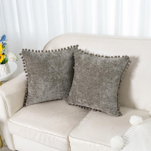 HWY 50 Decorative Throw Pillow Covers Set of 2 - Chenille Solid Soft Cushion Cases with Pom Poms, 20x20 Inch Grey