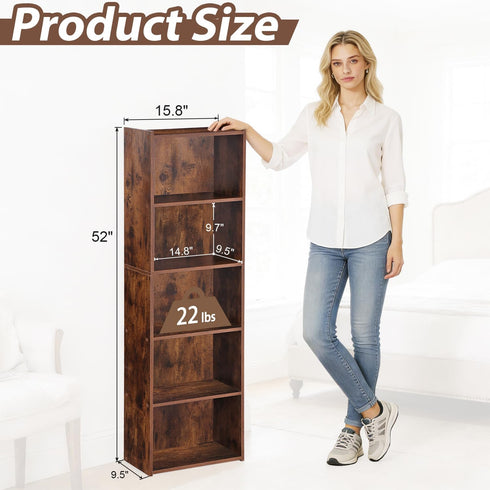 5-Tier ZENY Shelf Bookcase, Freestanding Wood Storage Display Open Bookshelf for Home Office (Rustic Brown)