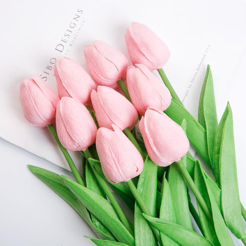 Artificial PU Tulips 10Pcs - Real Touch Fake Flower Arrangement Bouquets for Home Office Wedding Decoration (Pink)