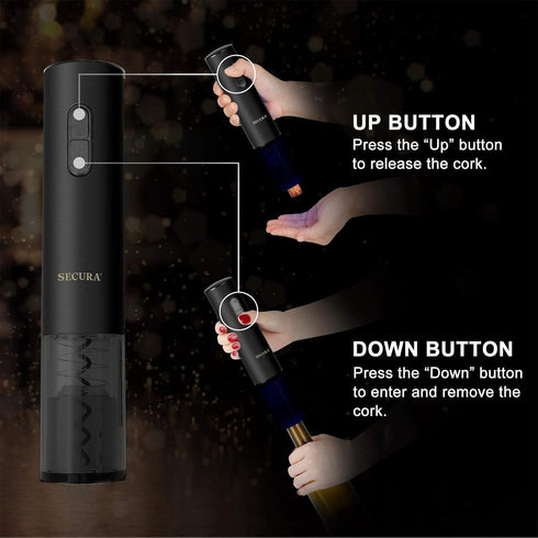 Secura Automatic Electric Wine Opener, Rechargeable Corkscrew with Foil Cutter (Black)