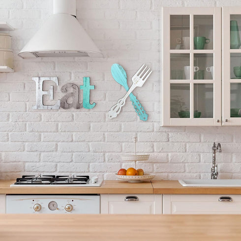 Jetec Set of Eat Sign, Cute Fork and Spoon Wall Decor, Rustic Wood Decorative Hanging Letters for Kitchen Home