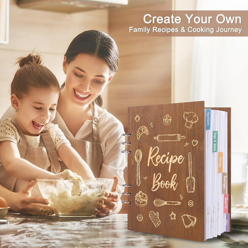 Creawoo Wooden Recipe Book, Personalized Blank Recipe Binder, Hardcover DIY Family Recipes with Colorful Dividers