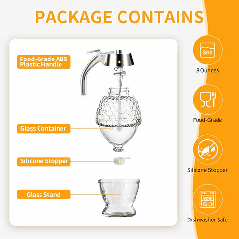 8 oz Timtopno Honey Dispenser, Glass Honey Dispenser No Drip, Honey Pot with Stand, Honey Jar, Maple Syrup Honey