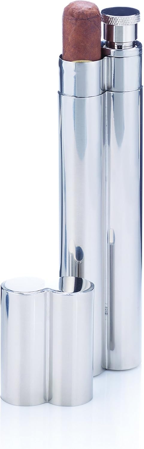 Viski Stainless Steel Cigar Holder with 2 oz Liquor Flask, Slim Single Cigar Case, Silver, Set of 1 for Whiskey