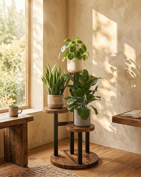 Bamworld Corner Plant Stand Indoor Metal Wood Plant Shelf Outdoor Tall Plant