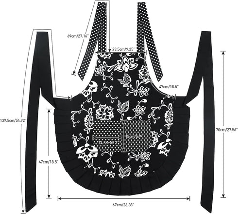 G2PLUS Vintage Floral Kitchen Apron for Women, Black Pleated Hem Cooking Apron with Pocket, 29 x 21 inch