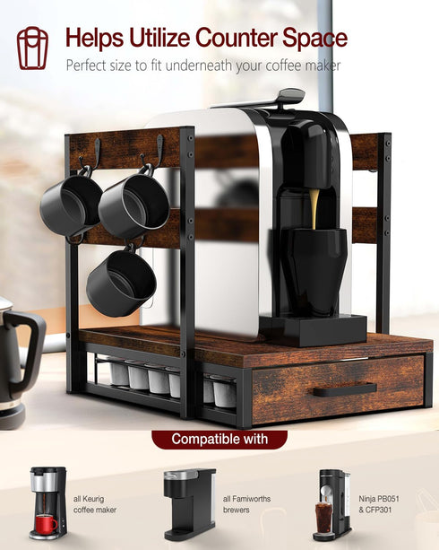 K Cup Holder Drawer, Coffee Pod Organizer for Counter, Sturdy K-Cup Storage Drawer with Mug Rack, 35 Pods Capacity,