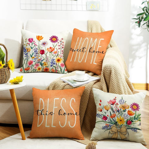 Throw Pillow Covers 18x18 Set of 4 Spring Summer Pillow Covers Floral Farmhouse Cushion Cases for Sofa Couch Living Room Outdoor Home Decor by wyooxoo