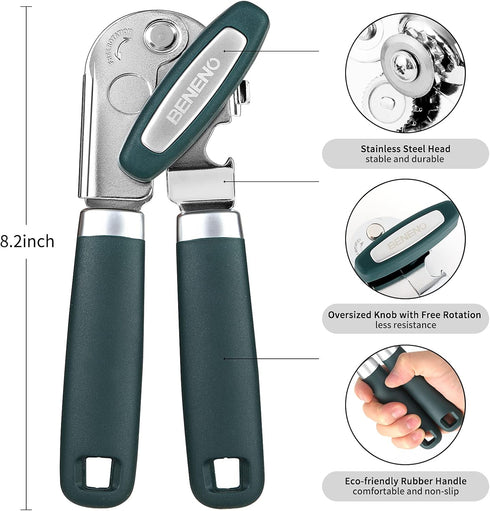 Can Opener Manual with Magnet and Sharp Blade Smooth Edge, Handheld Openers with Big Effort-Saving Knob, Can Opener with Multifunctional Bottles Opener, Green by Beneno
