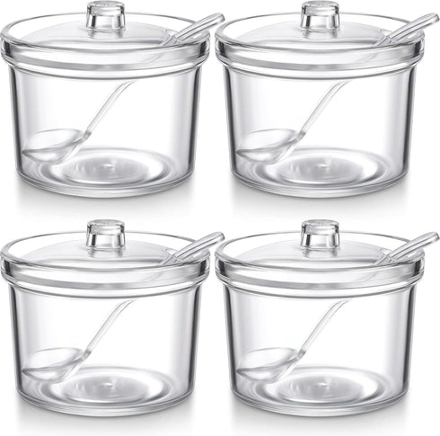 Patelai Sugar Bowl Set (4 Pieces) - Acrylic Clear Sugar Bowl with Lid and Salt Spoon for Spices and Condiments