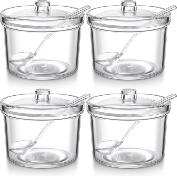 Patelai Sugar Bowl Set (4 Pieces) - Acrylic Clear Sugar Bowl with Lid and Salt Spoon for Spices and Condiments
