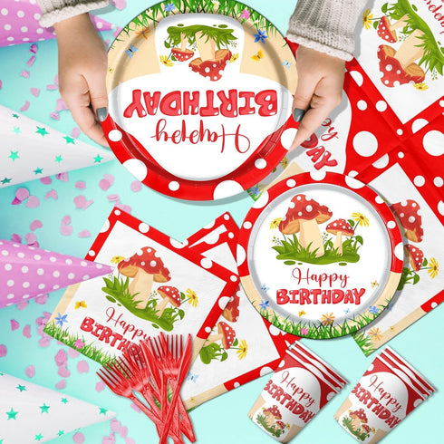 Dydamud 150PCS Mushroom Birthday Decorations, Mushroom Theme Party Tableware Include Plates, Napkins, Tablecloth