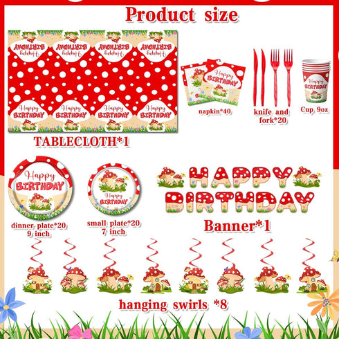 Dydamud 150PCS Mushroom Birthday Decorations, Mushroom Theme Party Tableware Include Plates, Napkins, Tablecloth