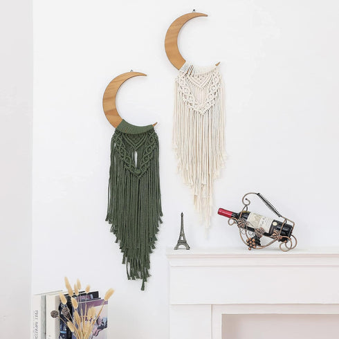 ANROYE Macrame Wall Hanging Boho Moon Decor, Bohemian Crescent Wooden Ornament with Long Tassel, Handmade Unique Wood