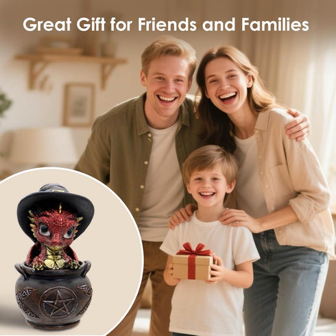 Aura Mojo Mini Dragon Figurine in Cauldron Fantasy Dragon Statue with Witch Hat Cute Desk & Bookshelf Dcor