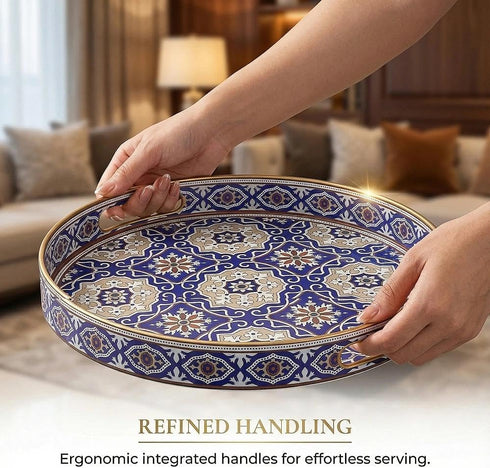 13 INCH Zosenley Round Decorative Tray, Plastic with Handles, Modern Vanity and Serving for Ottoman, Coffee Table