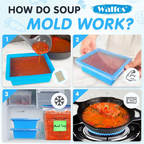 Walfos 2 Cup Silicone Freezing Tray with Lid, 4-Pack Easy Meal Prep Container for Soups and Foods