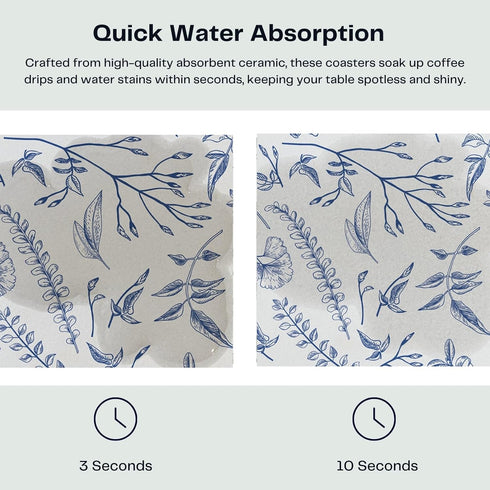 Set 6 of Floral Blue and White Coasters with Holder, Absorbent Ceramic Drink Coasters with Cork Backing for Table