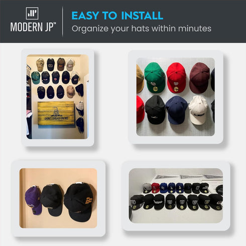 Modern JP 8-Pack Adhesive Hat Hooks for Wall, Minimalist Design, No Drilling, Strong Hold Hat Hangers, Black