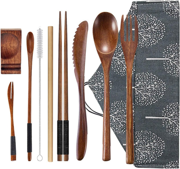Reusable Wooden Utensil Flatware Set, 10 Pcs Bamboo Spoon and Fork Travel Cutlery Set with Case