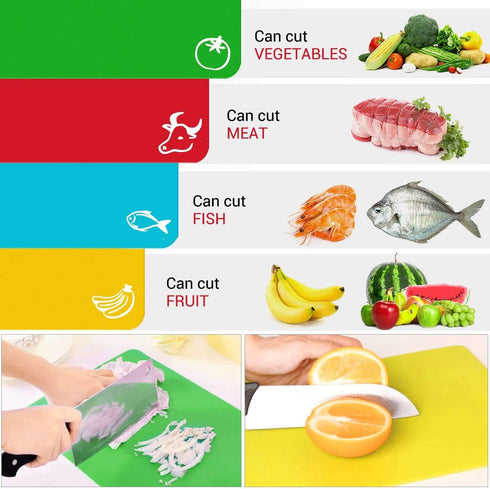 Kitchen Plastic Cutting Board Set, Extra Thick Flexible Non-Slip Chopping Board with Colored Icons, Set of 4