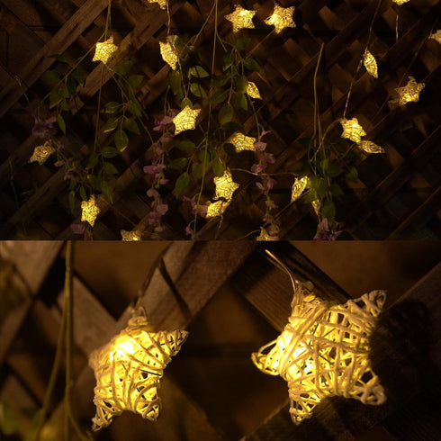 6 ft 10 LED Metal Rattan Style Star String Fairy Lights Garland, Battery Operated, Wedding Holiday Christmas Tree, Warm