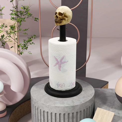 Rustic Wood Skull Paper Towel Holder Stand Up Paper Towel Holder, Easy One-Handed Tear Kitchen Paper Towel Dispenser