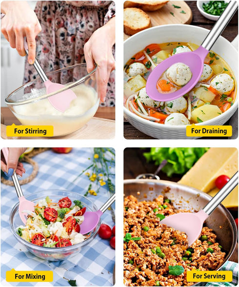 Pack of 2 Large Silicone Cooking Spoons, Non Stick Solid Basting Utensils for Mixing and Serving (Pink-Purple)
