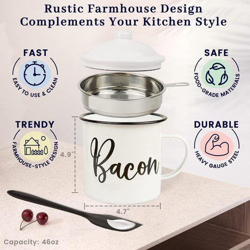 46oz Bacon Grease Container with Strainer - With Food-Grade Silicone Spatula , Large Enamel Rustic Farmhouse Fat