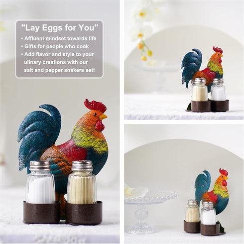 Vintage Metal Rooster Holder Caddy for Spices and Seasonings - Rooster Salt and Pepper Shakers Set, Two Glass Shakers