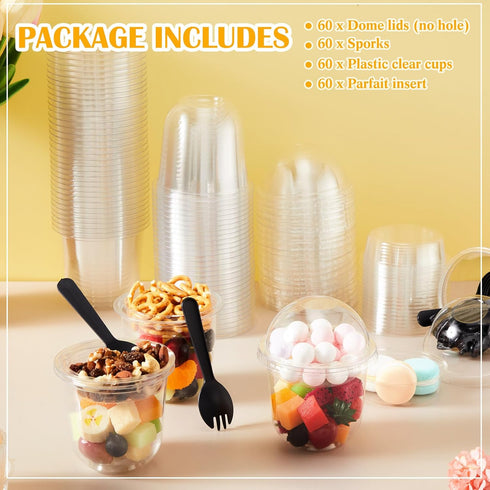 60 Pack (12 oz) Clear Plastic Parfait Cups with Dome Lids No Hole Disposable Party Dessert Cups with Lids Insert Spork