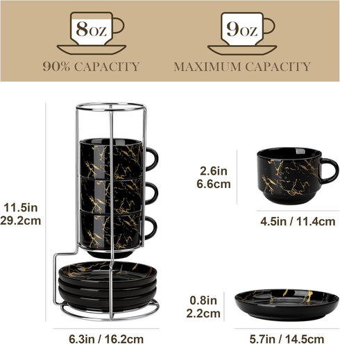 8 OZ Set 4, Set MALACASA Porcelain Espresso Cups with Saucers and Metal Stand of Stackable Cappuccino Cups, Marble