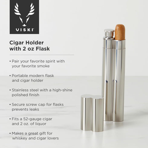 Viski Stainless Steel Cigar Holder with 2 oz Liquor Flask, Slim Single Cigar Case, Silver, Set of 1 for Whiskey