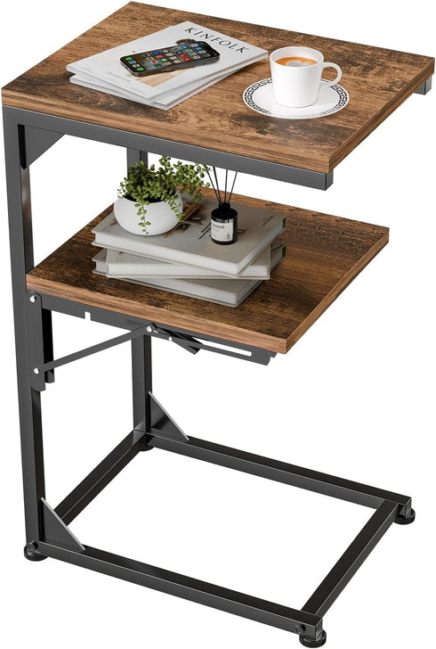 2 Simple Trending C Shaped End Table for Couch, Foldable Table with Shelf Storage, TV Tray Table for Sofa Bedside