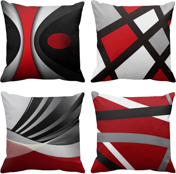 Emvency Set of 4 Throw Pillow Covers, Modern Abstract Red Stripes, 16x16 Inches, Home Decor
