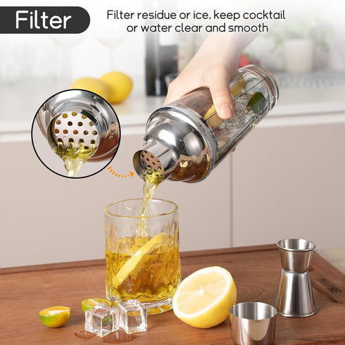 Ailelan Glass Cocktail Shaker with Strainer, 14oz Martini Shaker with 6 Recipes On Side, Clear Drink Shaker Bottle with Measurements, Bar Shakers Set Bartender Kit for Mixing Cocktail, Margarita by Ailelan