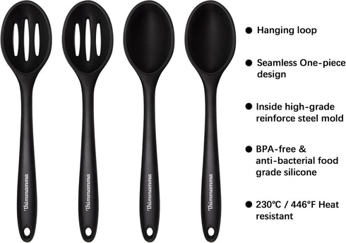 Silicone Cooking Spoon, Nonstick Kitchen Spoons for Cooking, Slotted and Solid Serving Spoon Heat Resistant, Silicone Mixing Spoons Basting Spoon Stirring Spoon for Nonstick Cookware 4 Pack