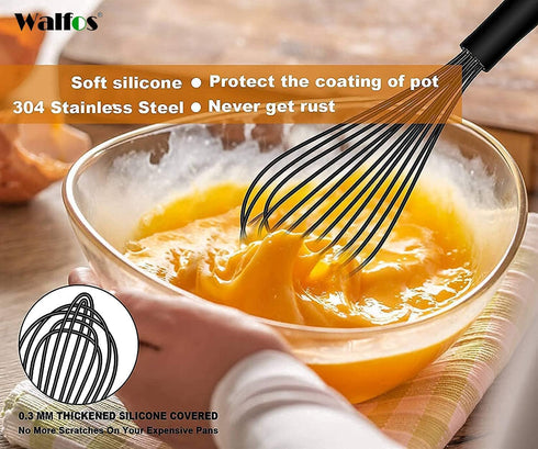 Walfos Whisk Combo, 11inch Flat Whisks and 10inch Balloon Whisk, Silicone Whisks for Cooking, Non Scratch Coated