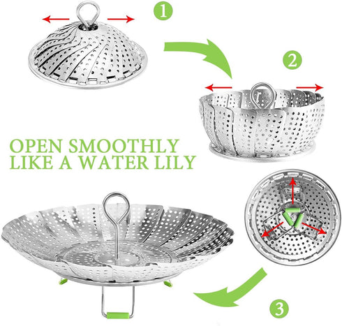 Steamer Basket Stainless Steel Vegetable Basket, Metal Handle Folding Silicone Feet Insert for Cooking Veggies