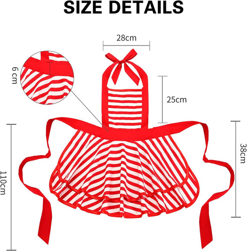 Cute Lovely Violet Mist Retro Aprons for Women, Girls, Vintage 50s Red Striped Kitchen Ruffle Apron, Christmas Gift