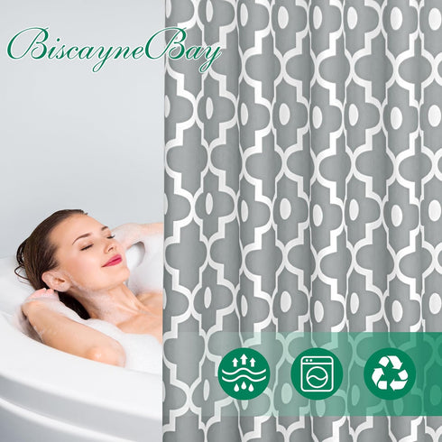Biscaynebay Extra Long Textured Fabric Shower Curtains 72" W x 84" L, Silver Grey Morocco Pearl Printed Luxury