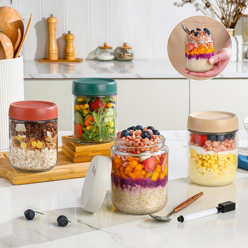 Lids,16oz Set 4, DIMBRAH Overnight Oats Containers with Glass Jars with Lids - Of Practical Oatmeal Container to Go