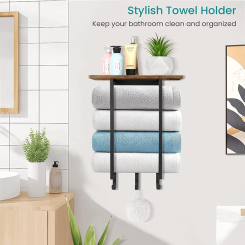 3 ELITEROO Towel Racks for Bathroom Wall Mounted, Towel Holder with Wooden Shelf and Hooks for Washcloths Hand Towel