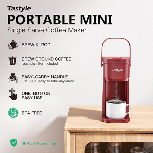 6 12 Oz 120V, Tastyle Single Serve One Cup Coffee Maker, for K Cups and Grounds, Mini Coffee Maker with Portable