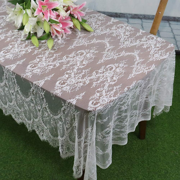 ShinyBeauty White Lace Party Tablecloth, Rustic Floral Fabric Rectangle Table Cover for Baby Tea Party