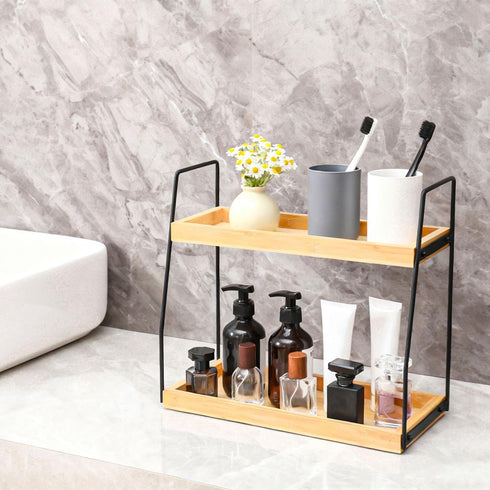 ZOBONETI Counter Countertop 2 Counter Bamboo Bathroom Organizer, Wooden Bathroom Sink Organizer, Ties Vanity Top Shelf
