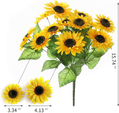 DerBlue 15.74'' Artificial Sunflowers Bouquet with 14 Heads and 40 Leaves - Fake Silk Flowers for Home Office Decor