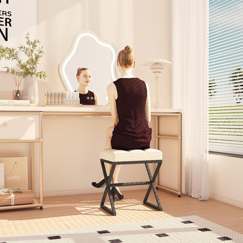 15.74" D11.81" W18.11" UHBD033Y YMYNY Vanity Stool, Linen Footrest Stool, Ottoman Bench with X-Shaped Metal Legs