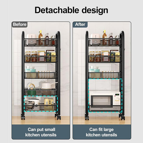 YESBAY 5-Tier 5-Layers) Metal Mesh Storage Rack with Rolling Wheels, Vegetable Basket for Kitchen, Stackable Fruit